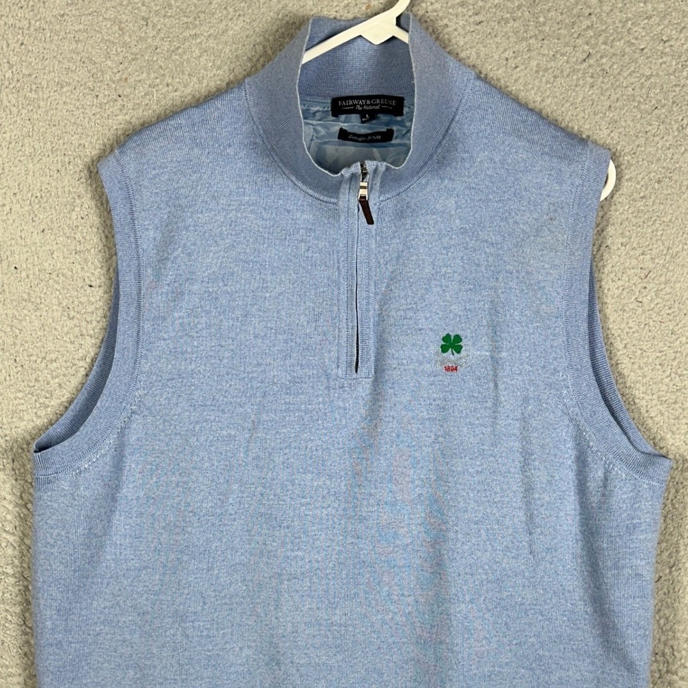 Fairway Greene Baruffa Merino Wool Sweater Vest Mens Large Blue Quarter Zip EUC